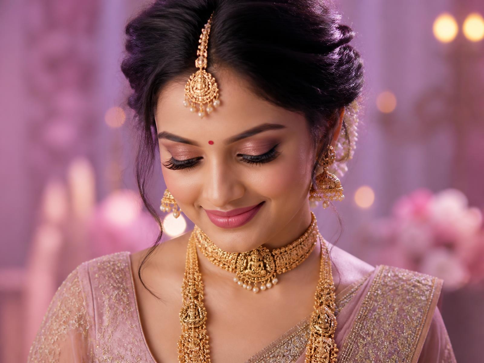 Bride wearing luxury Tamil bridal makeup and gold jewellery